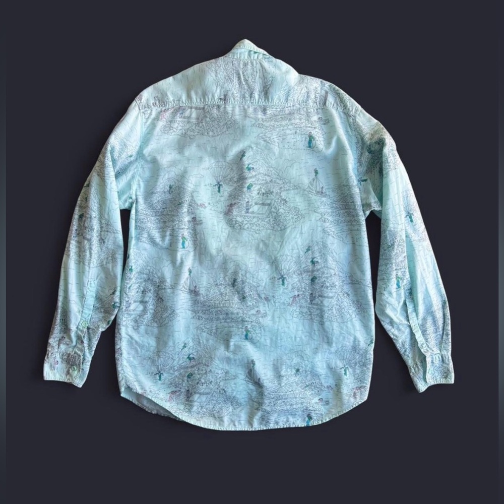 Vintage 1980’s Benetton aqua blue map print button up shirt looks like a M/L - Picture 2 of 9